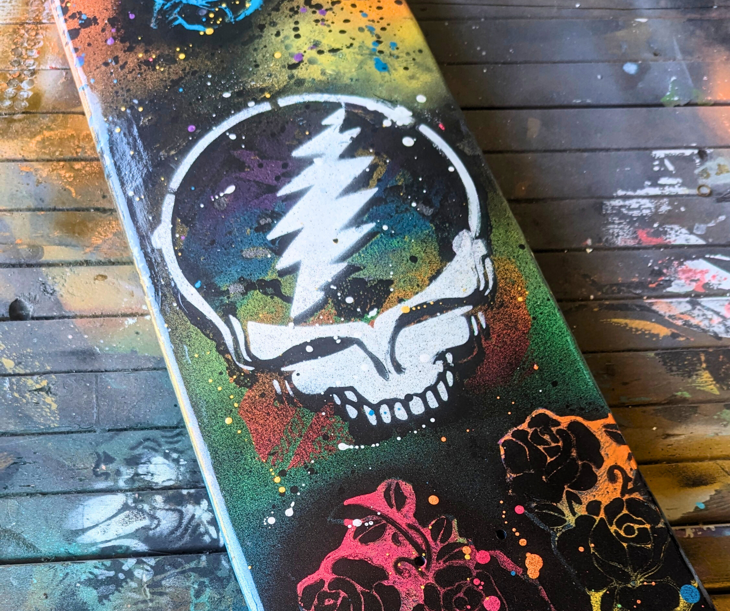 Stealie Bamboo Skateboard (Deck ONLY) Hand Painted Bespoke and Functional to ride or display