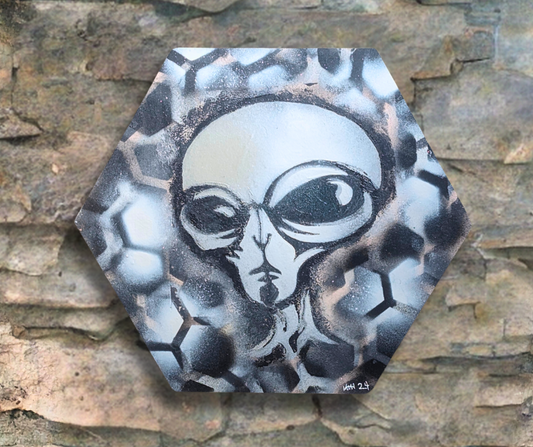 Documented Alien- Original Painting on 12"x14" Hexagon shaped Panel canvas (Ready to hang)