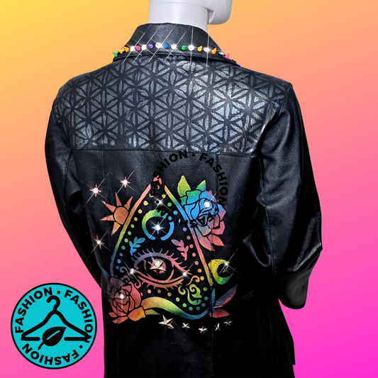 Size 6 (Small/Med) Hand painted and Studded Upcycled Leather Jacket **Bespoke, Sustainable and OOAK)